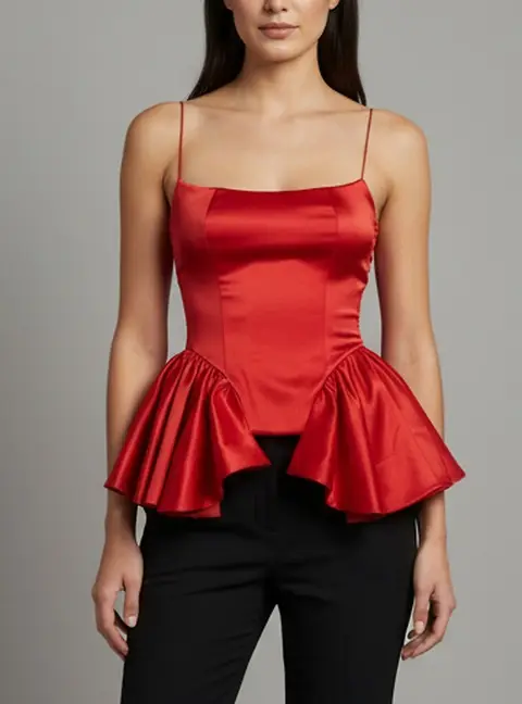 Onori Red Satin Ruffle Detail Corset Bodice Chloe Top XS