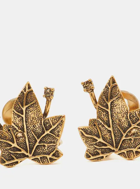 Oscar de la Renta Crystal Gold Tone Leaf Motif Clip-on Earrings