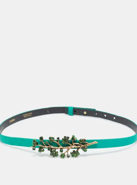 Oscar de la Renta Green Satin Crystal Embellished Slim Belt M