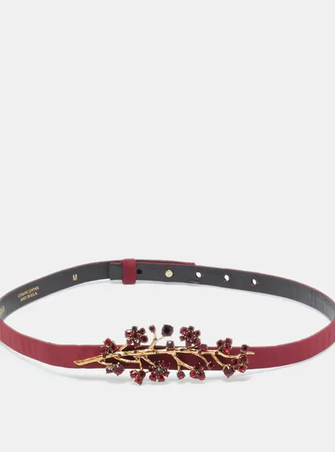Oscar de la Renta Burgundy Satin Crystal Embellished Slim Belt M