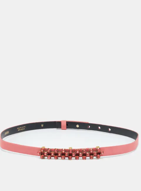 Oscar de la Renta Coral Orange Satin Crystal Embellished Slim Belt M