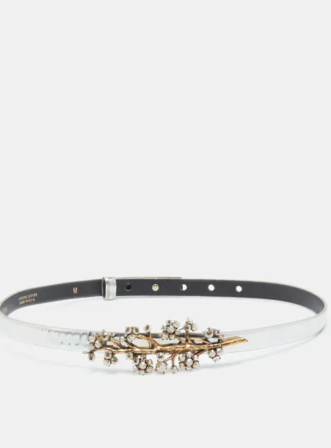 Oscar de la Renta Silver Patent Leather Crystal Embellished Belt M
