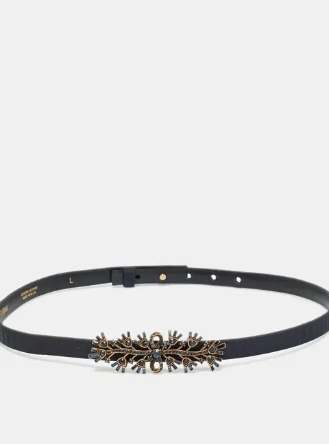 Oscar de la Renta Dark Blue Satin Crystal Embellished Bow Slim Belt L