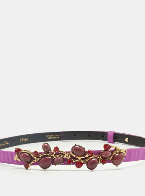 Oscar de la Renta Purple Satin Crystals Embellished Slim Waist Belt L