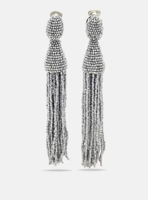 Oscar de la Renta Beaded Silver Tone Long Tassel Clip-on Earrings