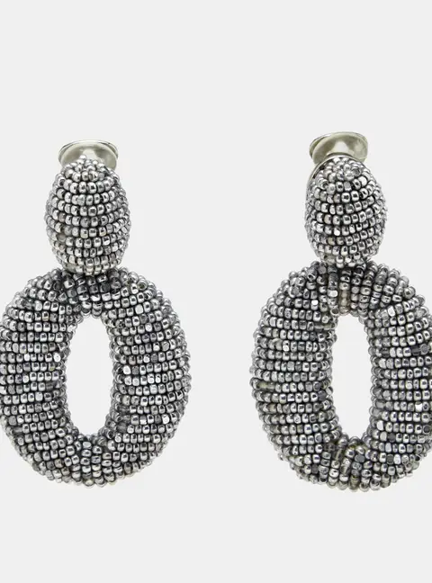 Oscar de la Renta Beaded O Silver Tone Hoop Clip-On Earrings