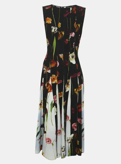 Oscar de la Renta Multicolor Floral Contrast Inset Pleated Crepe Midi Dress S