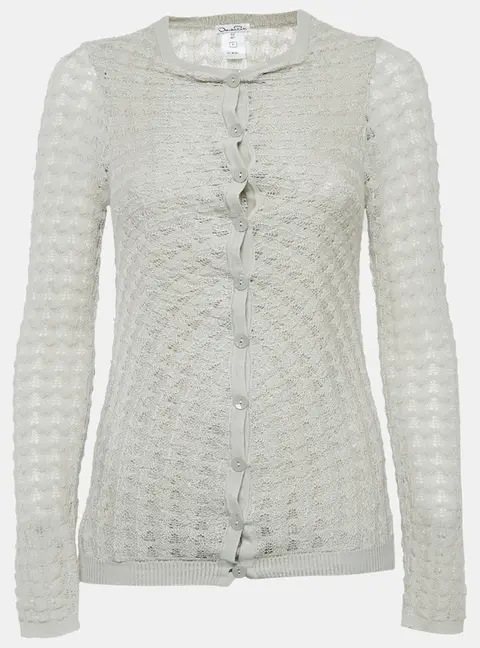 Oscar de la Renta Grey Patterned Cashmere Button Front Cardigan M