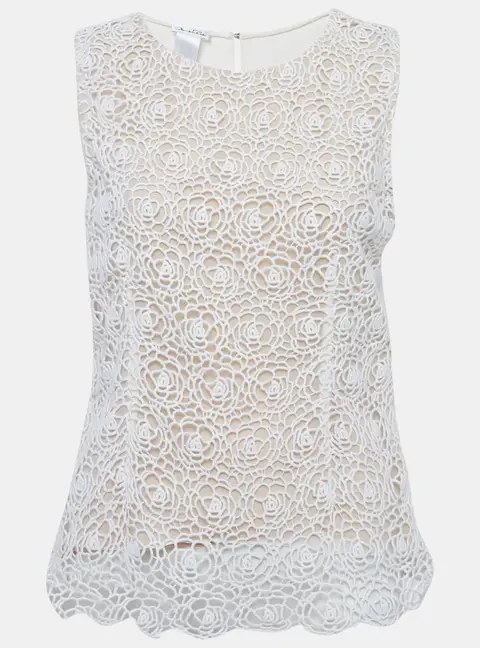 Oscar de la Renta White Lace and Crepe Sleeveless Top M
