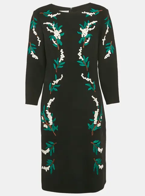 Oscar de la Renta Black Embroidered Wool Midi Dress XL