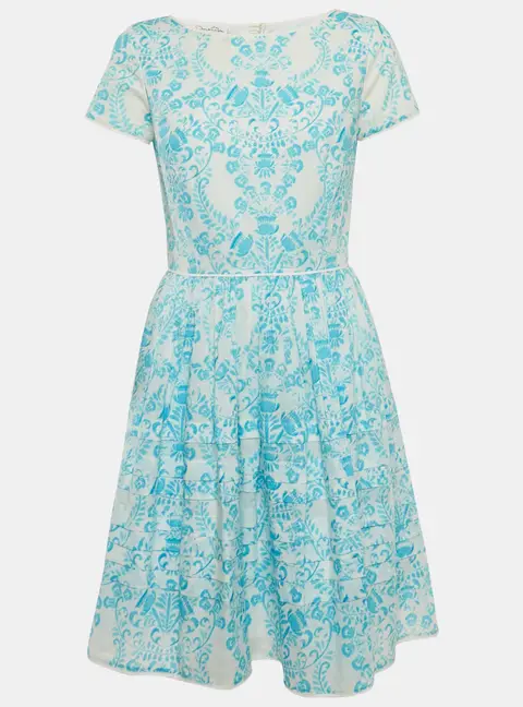 Oscar de la Renta Blue & White Printed Cotton Mini Dress S