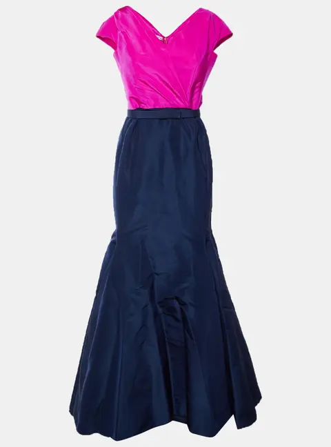 Oscar De La Renta Navy Blue/Pink Silk Gabardine Maxi Dress M