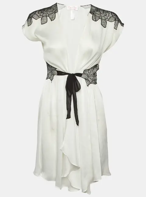 Oscar de la Renta Pink Label White Chiffon Lace Trim Robe S