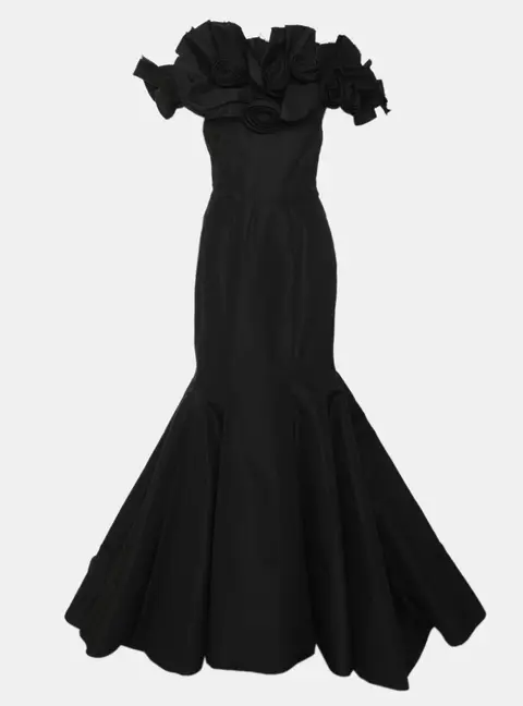 Oscar de la Renta Black Floral Appliqu&eacute; Long Gown S