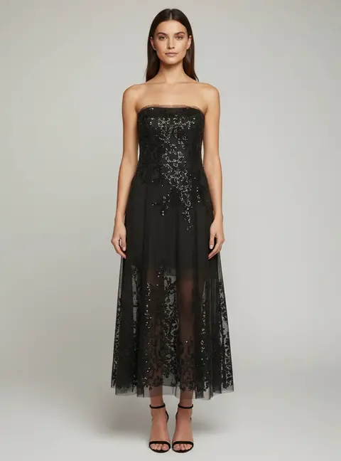 Oscar de la Renta Black Mesh Embroidered Strapless Dress S