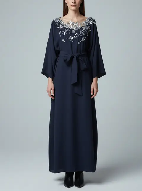 Oscar de la Renta Navy Blue Embellished Stretch Crepe Maxi Dress M