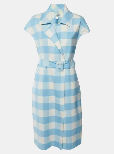 Oscar de la Renta Blue/White Check Print Wool Blend Long Coat L