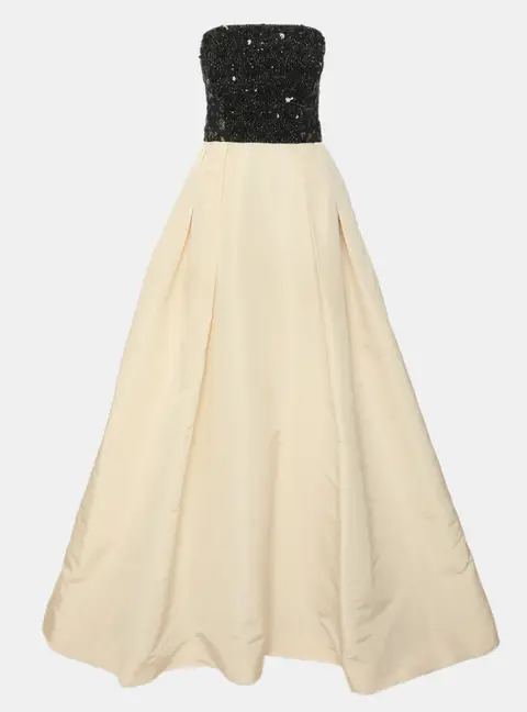 Oscar de la Renta Light Beige/Black Strapless Beaded Lace and Silk Blend Faille Gown M