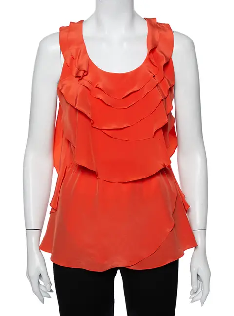 Oscar de la Renta Orange Ruffled Silk Sleeveless Top S