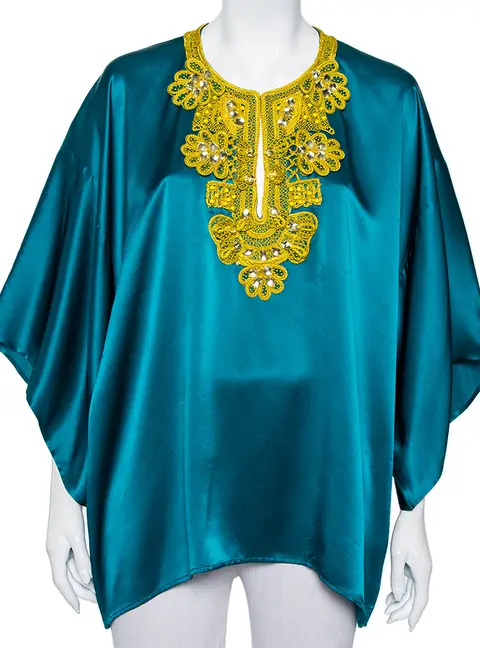 Oscar de la Renta Green Silk Satin Embellished Neck Detail Oversized Top L