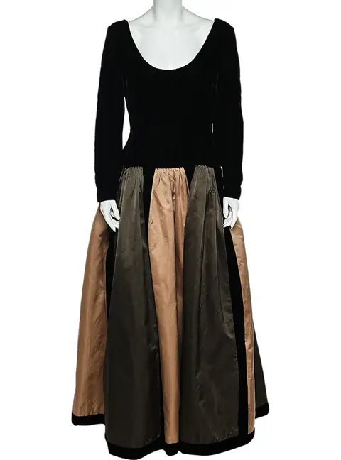 Oscar de la Renta Colorblock Silk & Velvet Long Sleeve Evening Gown L