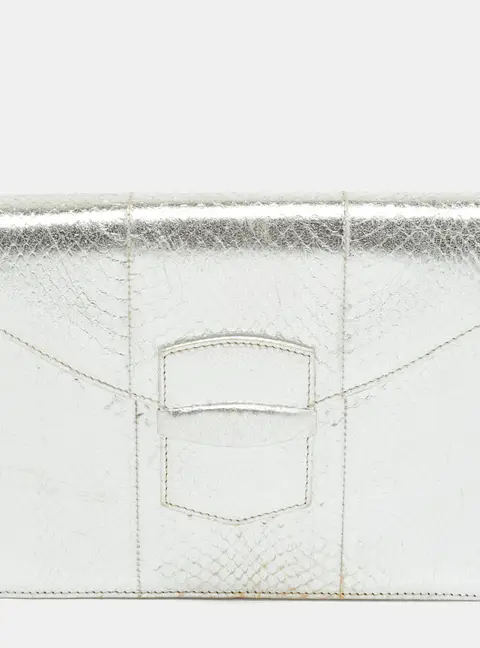 Oscar de la Renta Silver Snakeskin Embossed Leather Flap Clutch