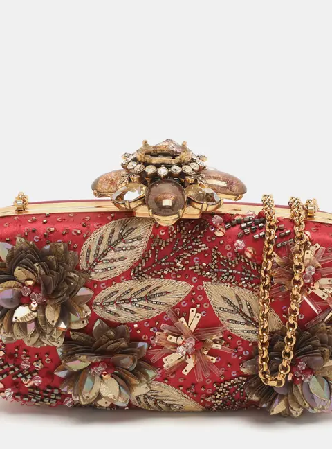 Oscar de la Renta Metal Frame Embellished Red Satin Clutch