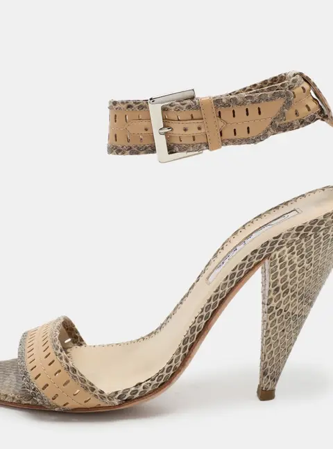 Oscar de la Renta Beige/Brown Snakeskin Ankle Strap Sandals Size 37.5