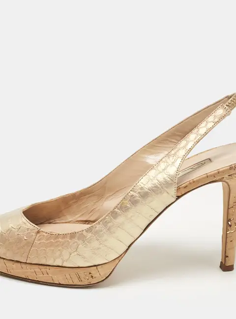 Oscar de la Renta Gold Python Embossed Leather Peep Toe Pumps Size 38
