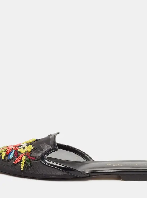 Oscar de la Renta Black Mesh And Patent Leather Embellished Flat Mules Size 41