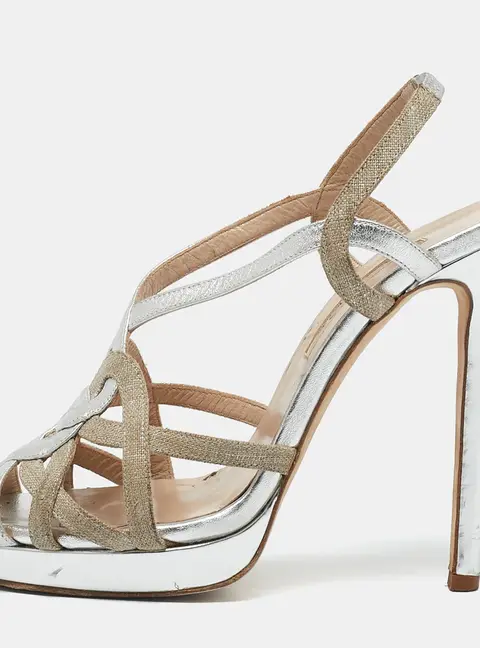 Oscar de la Renta Silver/Beige Leather and Canvas Platform Sandals Size 38.5