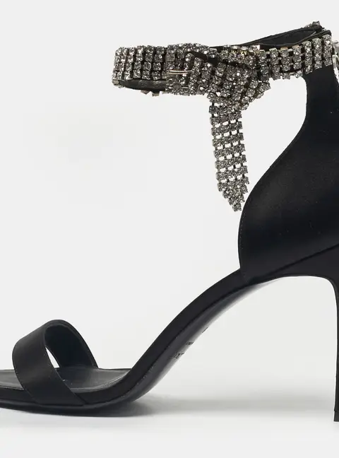 Oscar de la Renta Black Satin Crystal Bow Embellished Ankle Strap Sandals Size 38