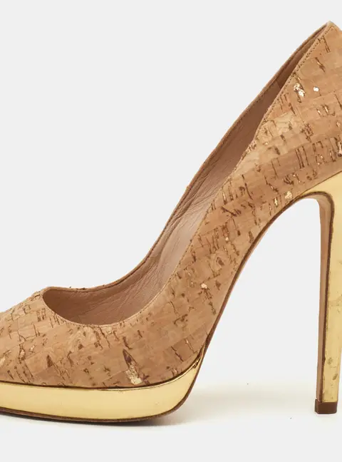 Oscar de la Renta Size 38.5 Beige Cork Peep Toe Pumps