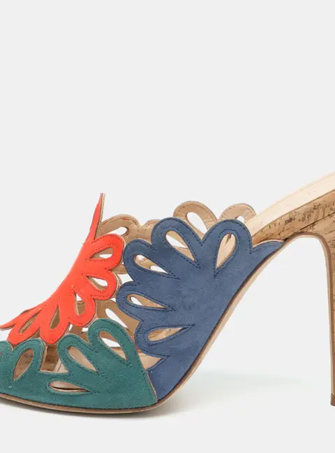 Oscar de la Renta Size 37 Tricolor Suede Floral Cut Out Sandals