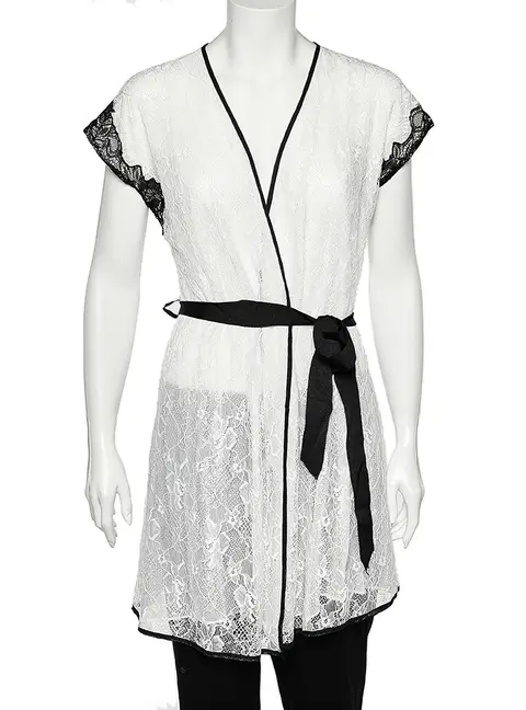 Oscar de la Renta Monochrome Lace Nightwear Wrap Dress M