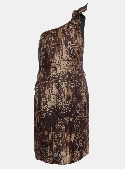 Oscar de la Renta Brown Printed Silk One Shoulder Dress M