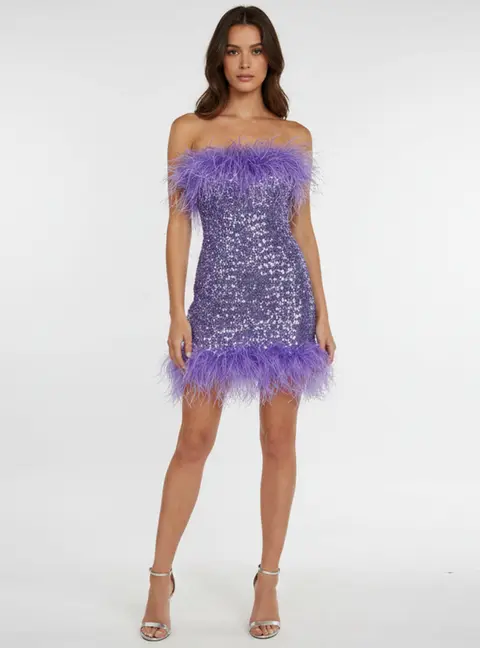 Os&eacute;ree Purple Sequin and Ostrich Feather Mini Dress M