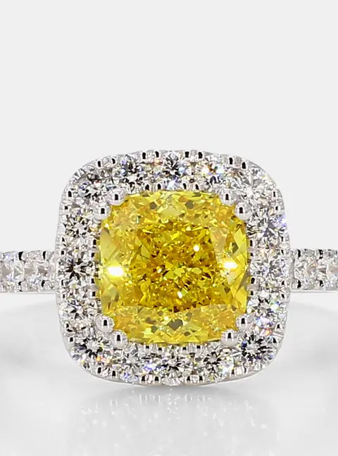 2.58 cts Cushion Lab Grown Diamond 14k White Gold Yellow Halo Engagement Ring Size 7