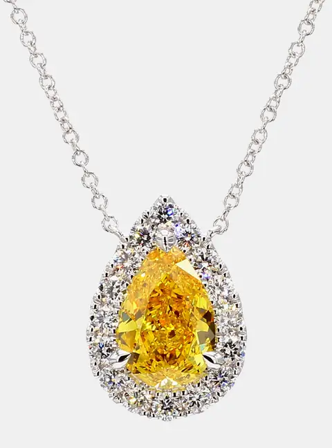 2.05 cts Pear Lab Grown Diamond 14k White Gold Yellow Halo Pendant Necklace