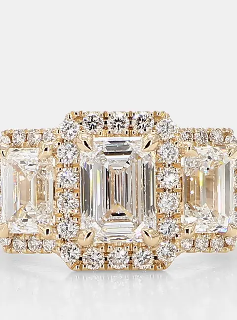 Atelier D' Excellence 3.00 cts Emerald Halo Lab Grown Diamonds 14k Yellow Gold Three Stone Engagement Ring EU 54