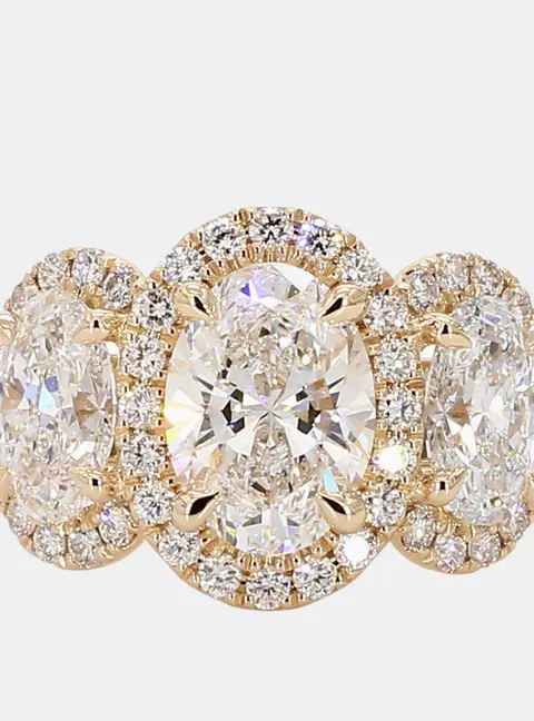 Atelier D' Excellence 3.08 cts Oval Halo Lab Grown Diamonds 14k Yellow Gold Three Stone Engagement Ring EU 54
