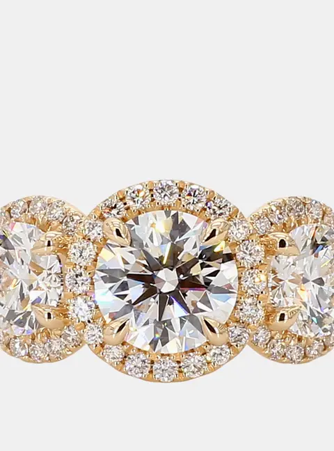3.03 cts Round Halo Lab Grown Diamonds 14k Yellow Gold Three Stone Engagement Ring