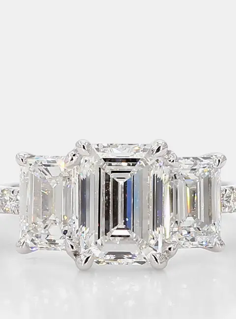 3.92 cts Emerald Pave Lab Grown Diamonds 14k White Gold Three Stone Engagement Ring