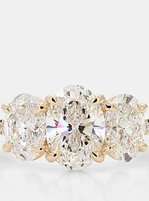 3.69 cts Oval Pave Lab Grown Diamonds 14k Yellow Gold Three Stone Engagement Ring