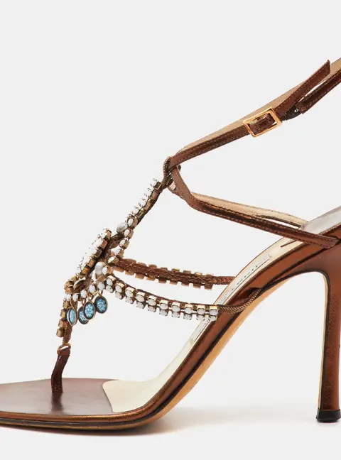 Jimmy Choo Size 38.5 Metallic Brown Leather Crystal Embellished T-Strap Sandals