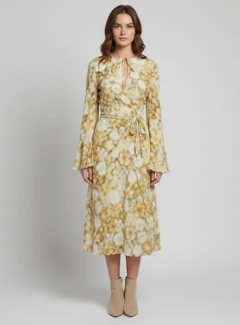 Acne Studios Green/Yellow Floral Print Crepe Wrap Midi Dress L