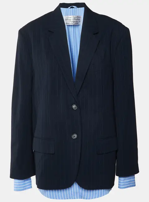 Acne Studios Black/Blue Pinstriped Wool and Cotton Layered Blazer S