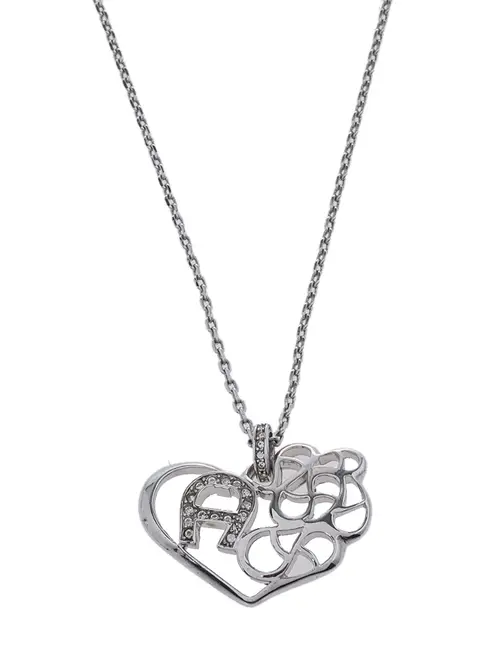 Aigner Silver Tone Crystal Logo Heart Pendant Necklace