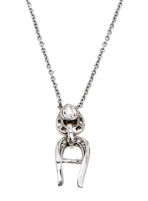 Aigner Silver Tone Crystal Logo Drop Pendant Necklace