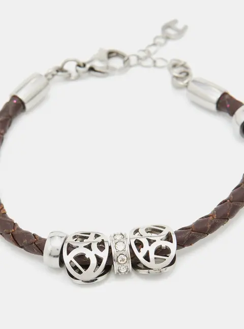 Aigner Crystal Logo Charm Brown Braided Leather Bracelet
